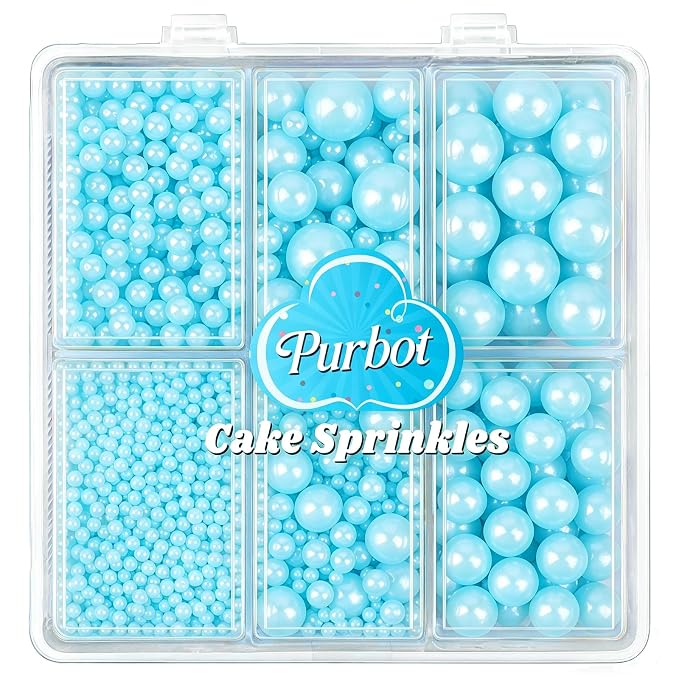 Pearl Sprinkles for Cake Decorating, 4 Sizes Sugar 130g/4.6oz, Cupcake, Ice Cream, Donuts, Macaron Toppings Supplies (2mm, 4mm, 7mm, 1cm) (Light Blue)