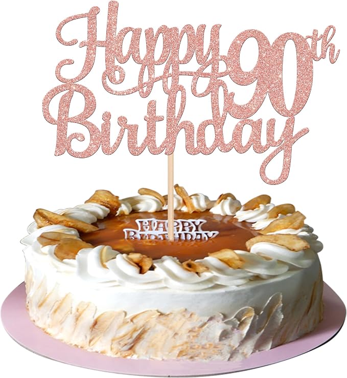 1 PCS Happy 90th Birthday Cake Topper Glitter Cheers to 90 Years Birthday Cake Pick 90 Fabulous Cake Decoration for Happy 90th Birthday Theme Party Decorations Supplies Rose Gold
