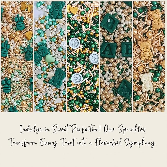 Confect Neutral Baby Shower Sprinkles | Mix Sage Green, Pearl, Lavander & Gold Sprinkles | Gender Reveal Sprinkles | Birthday Sprinkle | Assorted Pack of 5 Edible Sprinkle | Vegan, Gluten-Free, Nut-Free, Soy-Free, Dairy-Free, Palm Oil-Free - 5 Oz