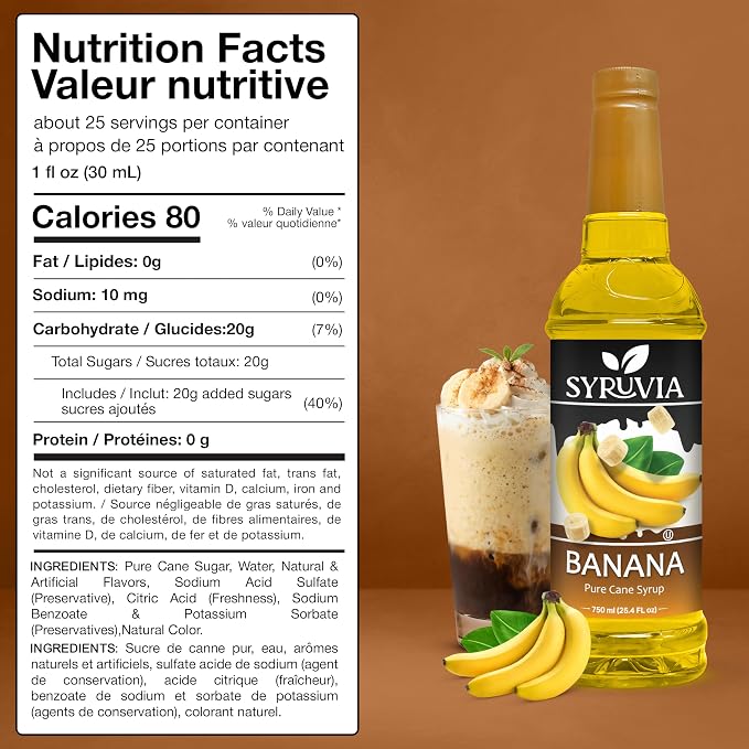 Syruvia Banana Syrup, Flavored Syrup for Coffee, Fruit Drinks, Lemonades, and Desserts – 25.4 fl oz - with Pump