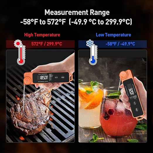 0.5 Sec Instant Read Meat Thermometer for Cooking, Ultra-Fast Digital Food Thermometer with Backlight, ±0.5°F Accuracy, IP67 Waterproof，Auto-Rotate/On/Off–Perfect for Grilling, BBQ, Smoker-Tangerine