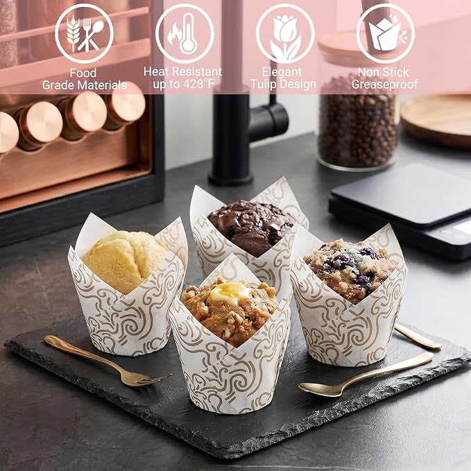 200 Pcs White Tulip Cupcake Liners for Baking, White Wavy Line | Standard Greaseproof Tulip Muffin Liners for Baking, 3oz White Paper Cupcake Wrappers for Party Wedding Birthday