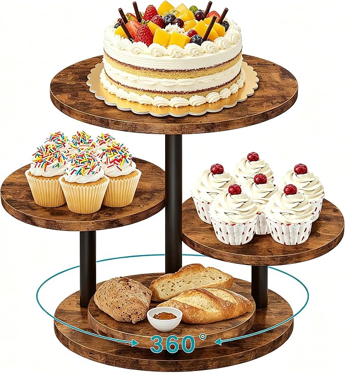 4 Tier Rotating Wooden Cupcake Tower Stand, Round 360° Rotatable Dessert Tiered Tray Display Holds 50 Cupcakes, Farmhouse Cake Cookie Stand for Wedding Birthday Baby Shower Tea Party Dessert Table