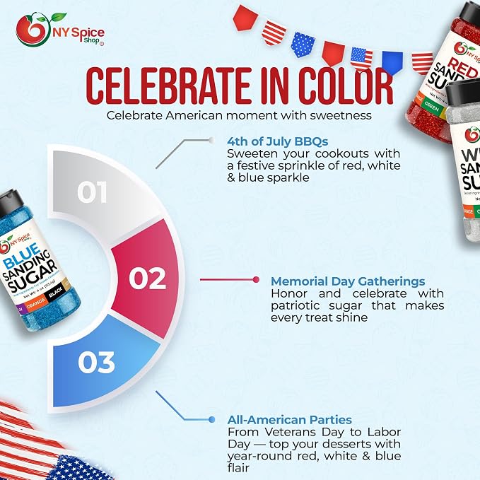 NY Spice Shop 4th Of July Sanding Sugar - Red White & Blue Sweet Colorful Edible Sprinkles - USA Themed Sanding Sugar For Independence Day Baking - Fourth Of July Party Supplies - 4 Ounce (Pack of 3)