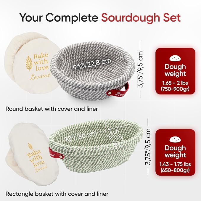 Levainé 2 Pack Cotton Rope Banneton Bread Proofing Basket Set, Round & Oval Sourdough Proofing Baskets with Liners and Covers, Washable Bread Baking Supplies for Homemade Artisan Bread