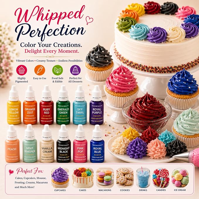 Confect Core Baking Water Color Food Coloring Set – Highly Pigmented Oil Based Food Colors for Cakes, Buttercream, Drinks, Popsicles & Baking – 12 Pack × 10mL