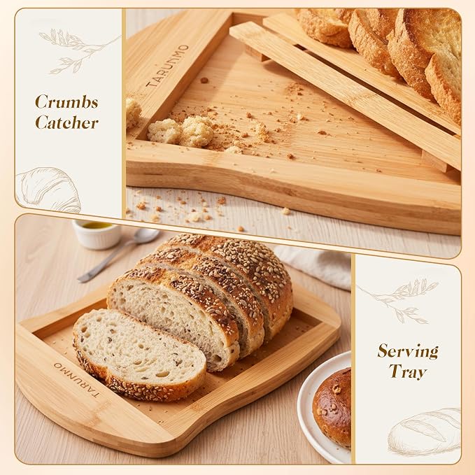 Bamboo Bread Board with Crumb Tray, 13 x 10 Inch Bread Cutting Board for Sourdough, Challah and Homemade Loaves, Natural Bamboo Bread Serving Tray