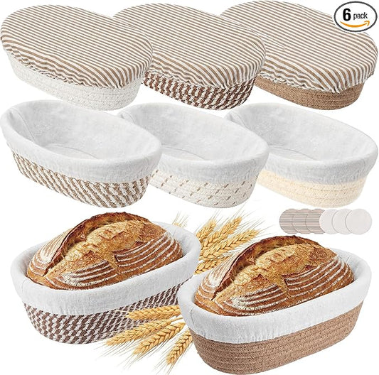 6 Set 6.9 Inch Mini Banneton Bread Proofing Basket Natural Cotton Rope Proofing Bowls Kit with Cloth Liner Small Sourdough Bread Baking Supplies for Home Baking (Brown)