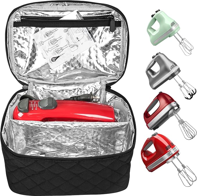 Quilted Electric Hand Mixer Carrying Bag for KitchenAid 5/6/7/9 Ultra Power Speed Mixers, Hand Mixer Electric Handheld Bag with Handle for Kitchenaid Mixer Attachments, Black