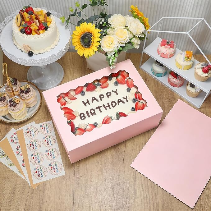 COTOPHER 14x10x4 In Sheet Cake Boxes, 16 Pcs Pink Bakery Boxes with Large Window (8 Boxes & 8 Boards), Cake Containers for Quarter Cakes, Donuts, Cupcakes, Brownie, Pastry & Pies Packaging