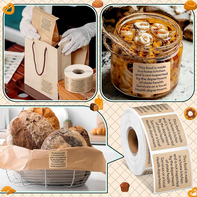 500 Count Cottage Food Law Labels Stickers Kraft Brown Home Made Stickers 1.5” Square Thermal Printed Labels for Home Kitchen Bakery Bread Sourdough