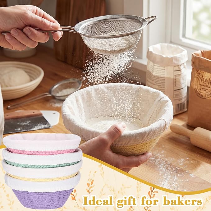 4 Pcs Round Banneton Bread Proofing Basket Set Cotton Rope Sourdough Bread Banneton Basket with Liners Covers for Baking Supplies(9 Inch)