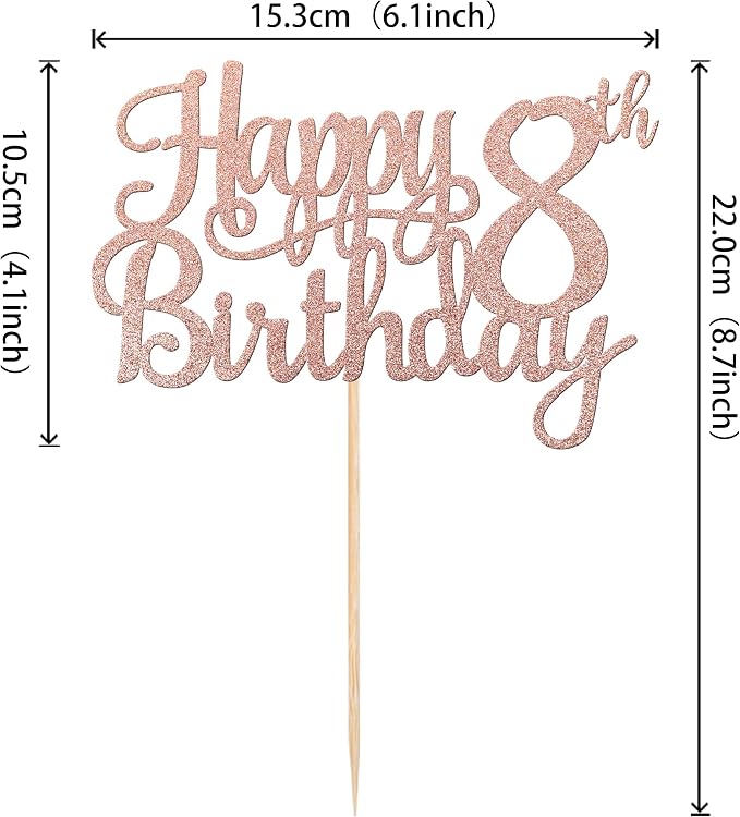 1 PCS Happy 8th Birthday Cake Topper Glitter Cheers to 8 Years Cake Pick Number 8 Fabulous Cake Decoration for 8th Birthday Party Decorations Supplies Rose Gold