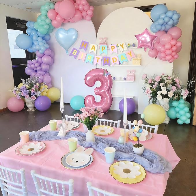 3rd Birthday Decoration for Girls,Easter Pastel Rainbow Macaron 3rd Birthday Balloon Number 3 Balloon Butterfly Stickers Star Heart Foil Balloons Banner Party Decoration for 3 Year Old