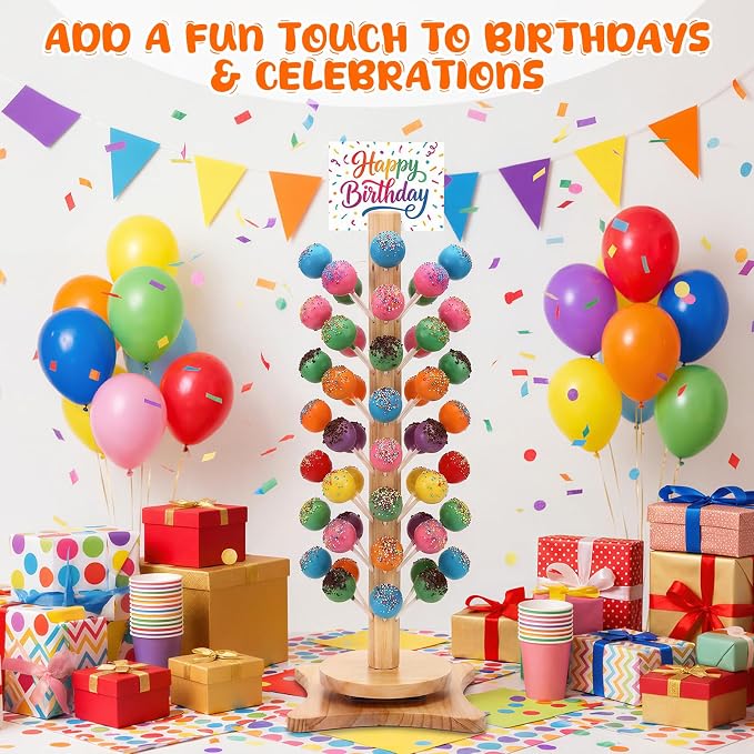 Lallisa 2 Pack Wood Cake Pop Stand with Spinning Base, 50 Holes Wooden Lollipop Tree Holder Stand, Decorative Cake Candy Display Dessert Holder, for Wedding Baby Showers Anniversaries Birthday Party