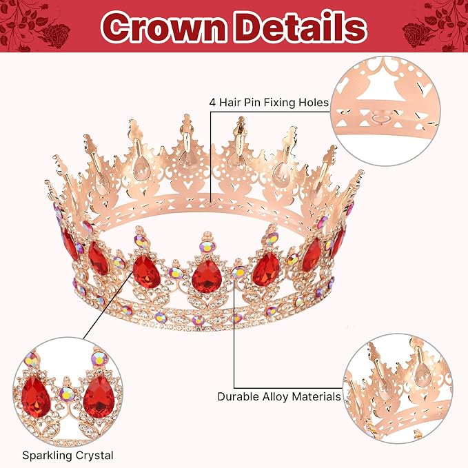 Crown Cake Topper, Red & Rose Gold Crown Balls Happy Birthday Cake Toppers Candles Butterfly, Corona Para Pastel, Crown Cake Decorations for Women Queen Princess (Rose Gold, Red)