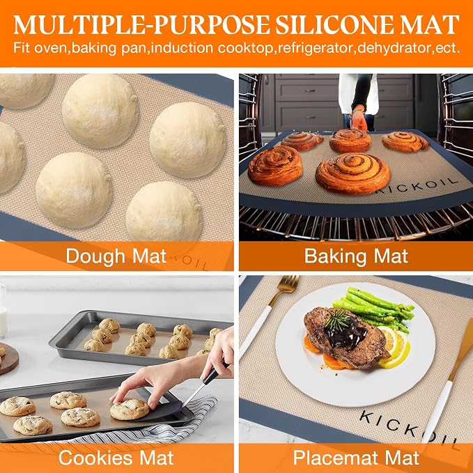 Silicone Baking Mat Large 3 Pack, 2 Half Sheets+1 Small Quarter Sheet,Reusable Non Stick Food Safe Baking Supplies Oven Liners Bakeware Mats for Cookies,Macarons,Bread, Pastry, Vegetables