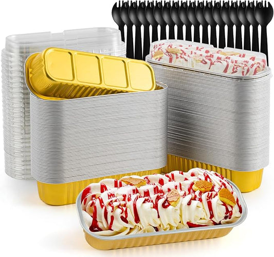 120Pcs Mini Loaf Pans with Lids and Spoons, Aluminum Foil Baking Pans, Rectangle Mini Cake Pan, Brownie Baking Cups for Picnics Party (Gold)