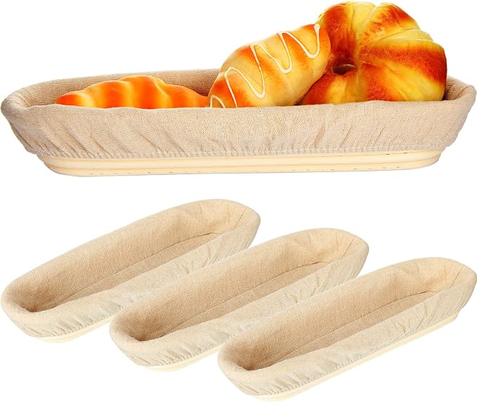 4 Pieces 13.8 Inch Banneton Bread Proofing Basket Oval Long Bread Proofing Basket Banneton Basket Dough Proofing Basket with Liners and Scatters for Home Sourdough Bread Baking