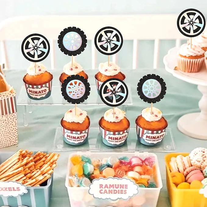 Ercadio 24Pcs Race Car's Wheels Cupcake Toppers Black Silver Wheels Car Tires Cupcake Picks for Racing Car Party Cake Decorations Baby Shower Kids Birthday Party Decoration Supplies