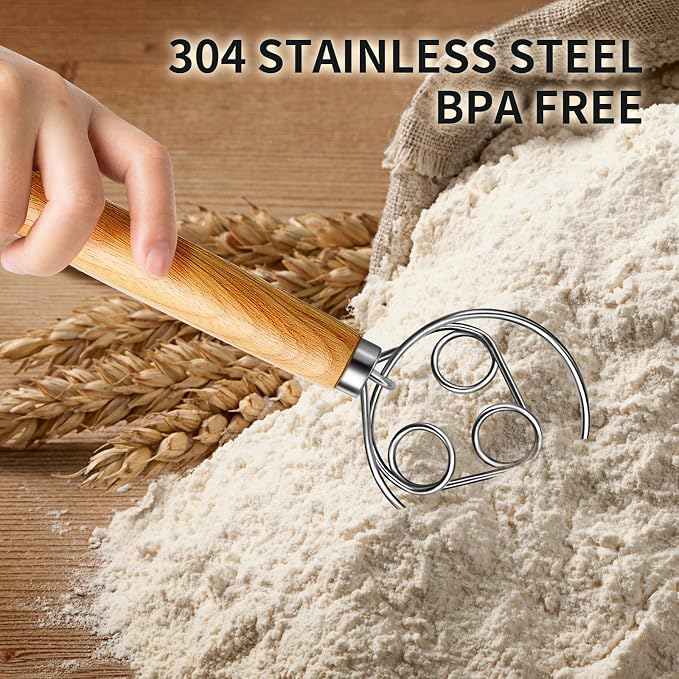 TEEVEA Danish Dough Whisk Stainless Steel for Sourdough Bread Baking | Wooden handle, sturdy stainless steel ring; ideal for sourdough, pizza dough & pastry, non-clumping mixing, easy to clean