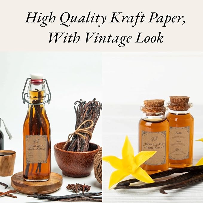 120PCS Homemade Vanilla Extract Labels for Gift Bottles, 60 Sets | 1.5" x 2" Vanilla Extract Stickers with Front & Back Designs for Handcrafted Homemade Bottles & Gifts, Made from Kraft Paper