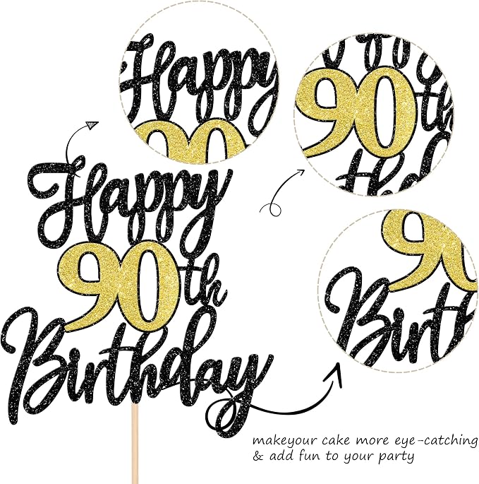 1 PCS Happy 90th Birthday Cake Topper Black Gold Glitter Cheers to 90 Years Birthday Cake Pick 90 Fabulous Cake Decoration for Happy 90th Birthday Anniversary Party Decorations Supplies