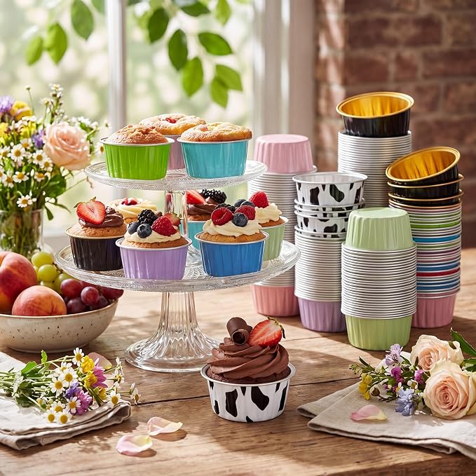 Eaasty 120 Pcs Aluminum Foil Baking Cups Mini Cake Pans with Lids 5 oz Cupcake Liners Disposable Muffin Tins Wrappers Baking Foil Ramekins Pans Aluminum Cupcake Cups for Birthday Party (Bright Color)