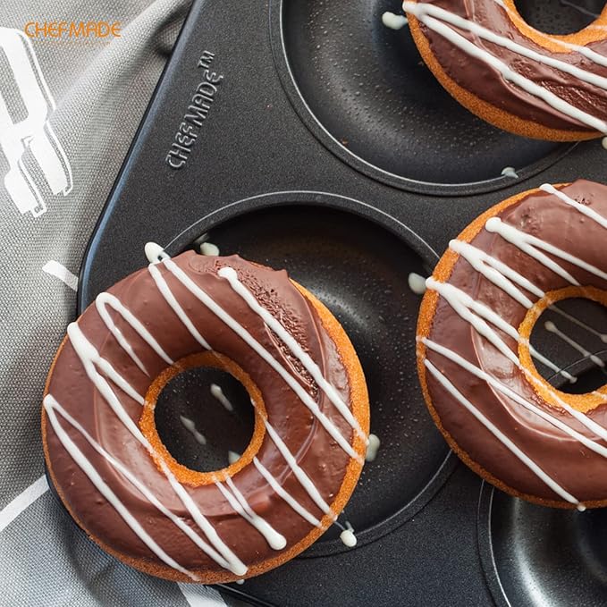 CHEFMADE Donut Pan, Nonstick 6 Cavity Jumbo Ring Doughnut Pan for Baking Cookies Bagel, Set of 2 (Black)
