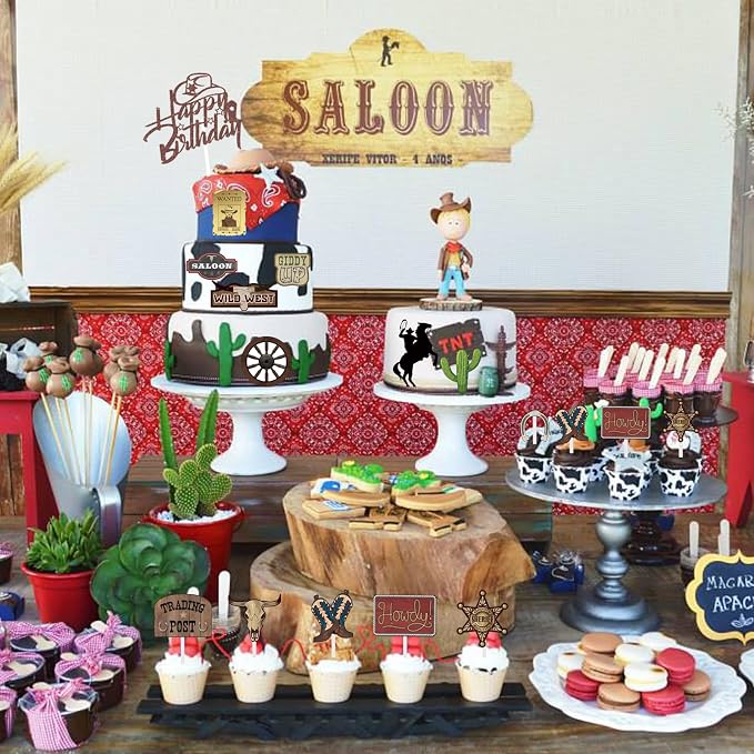 16 Pcs Cowboy Cake Toppers Glitter Cowboy Hat Cake Decorations Western Theme Happy Birthday Party Decoration for Boys Girls , Cowboy Birthday Sign Birthday Decor Party Decor Party Supplies