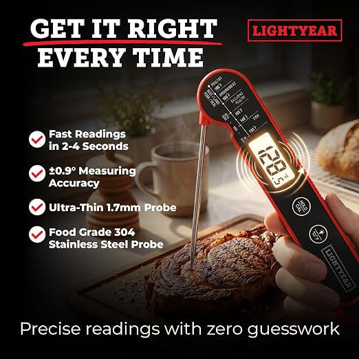 Lightyear Meat Thermometer | Instant Read Cooking Thermometer for Grilling, Roasting & BBQ, Built-in Magnet, IP65 Waterproof, Food-Grade Stainless Steel Temperature Probe
