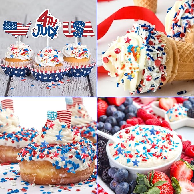Patriotic Sprinkles Red White Blue Silver Sprinkle Rainbow Jimmies for Baking Cookie Star Sprinkle 4th of July Memorial Day Sprinkles Edible Colorful Sugar Pearl Candy Decorations 100g /3.5 Oz