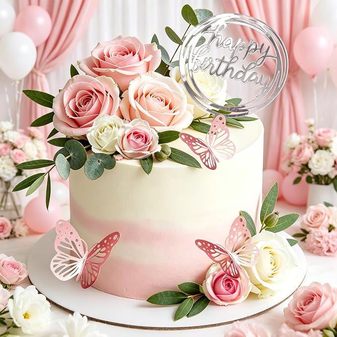 Flower Cake Toppers, Happy Birthday Rose Gold Cake Decorations with Artificial Flowers Butterfly Balls for Wedding Baby Shower Birthday Party Supplies (Pink)