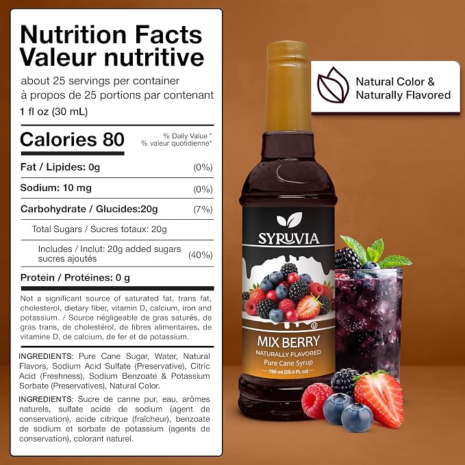 Syruvia Mix Berry Syrup, Naturally Flavored Syrup for Drinks, Lemonades, Iced Teas, and Desserts – 25.4 fl oz - with Pump