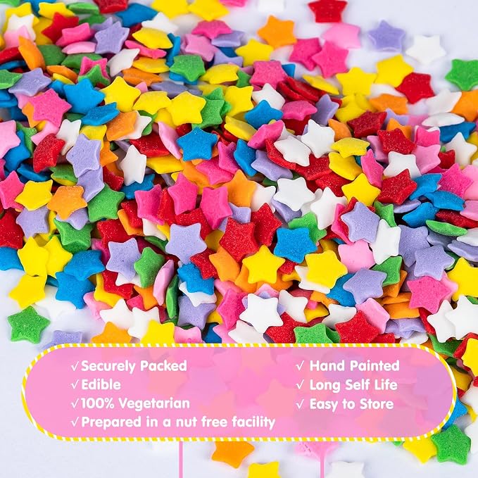 Edible Star Confetti Sprinkles,130g Rainbow Stars Sugar Sprinkle for Cake Decorations,Colorful Pentagram Shape Candy Baking Dessert Toppers,Cupcakes,Cookies,Ice Cream,Donuts,Perfect for Birthday Wedding Celebration Party Decorating Supplies