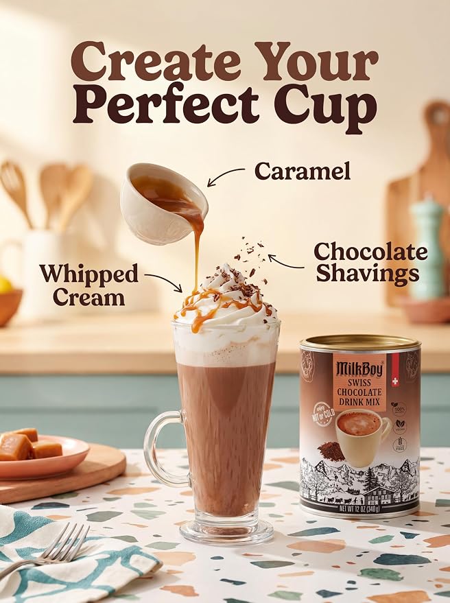 MilkBoy Dairy Free Hot Chocolate Mix - Gluten Free Swiss Cocoa Drink Powder, Vegan Hot Cocoa Mix, Gourmet Swiss Chocolate Drink, Kosher, Rainforest Alliance Certified - 12 oz Can