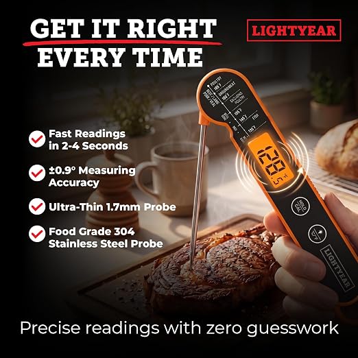 Lightyear Meat Thermometer | Instant Read Cooking Thermometer for Grilling, Roasting & BBQ, Built-in Magnet, IP65 Waterproof, Food-Grade Stainless Steel Temperature Probe