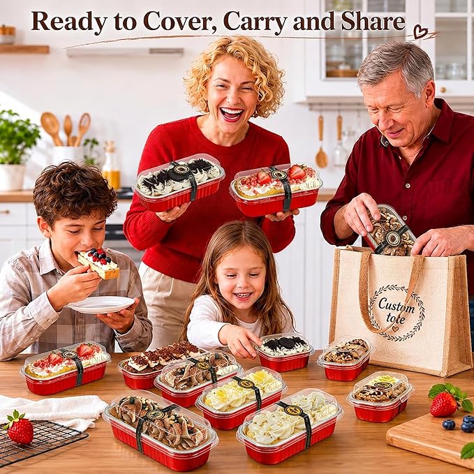 YQER 100 Pack Red Mini Cake Pans with Lids and Spoons, 6.8 oz Disposable Aluminum Foil Mini Loaf Pans with Stickers, Individual Dessert Cake Tins Containers for Valentine Gifts, Holidays, Parties