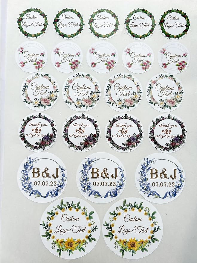 Custom Stickers for Weddings, Birthdays & Businesses - Personalized Labels with Your Logo - Waterproof, Fade and Heat Resistant - Pack of 100-1000 (Wreath I, 1.5 Inch)