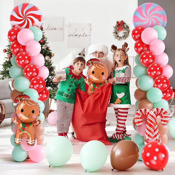 2 Sets Christmas Gingerbread Balloon Stand for Floor Adjustable Red Whilt Balloons Column Kit Set of 2 with Candy Crutch Balloons Tower Stand for Birthday Baby Shower Party Supplies