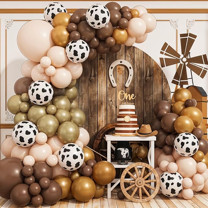 Brown Western Balloons Arch Kit, Brown Nude Gold Cow Print Balloons Garland Kit Cowboy Balloons Arch for Farm Cowboy Western Baby Shower Birthday Party Decorations