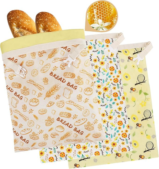 3-Pack pure cotton Reusable Beeswax Bread Bags - Large 17x13 Inch for Sourdough & Homemade Bread Storage | All-Natural Beeswax Preservation, Eco-Friendly Cotton Food Bags - Easy to Clean & Daily Use