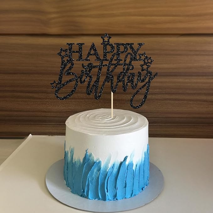 Gyufise 1Pcs Happy Birthday Cake Topper Glitter Happy Birthday Cake Pick for Celebrating Happy Birthday Anniversary Theme Party Cake Decorations Supplies Light Black