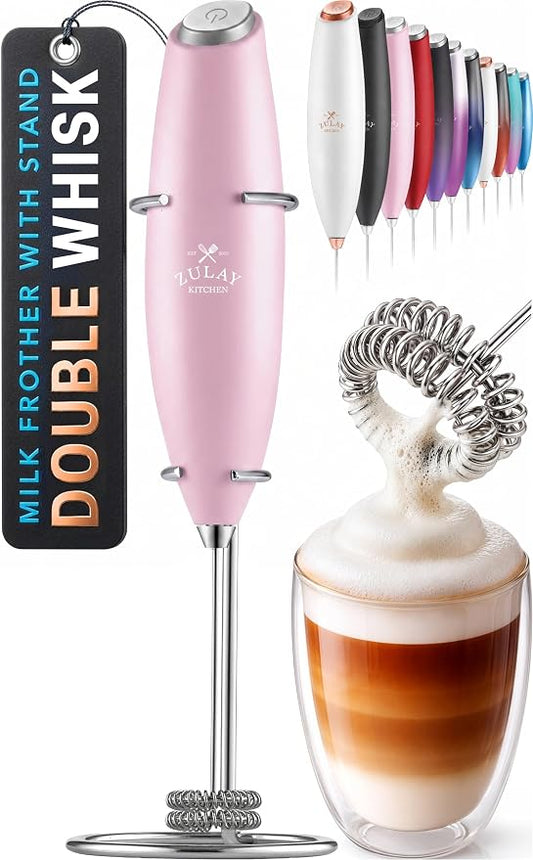 Zulay Kitchen Powerful Double Whisk Milk Frother Handheld - Foam Maker With Stand - Whisk Drink Mixer for Coffee, Mini Foamer for Latte, Matcha, Frappe, Hot Chocolate & Cappuccino - Magnetic Pink