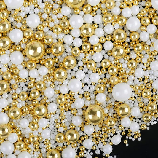 Gold and White Sprinkles for Cake Decorating, 130g/4.6oz Edible Pearl Sprinkles Mix, Sugar Candy Pearls for Baking, Cookie Decorations and Cupcake Toppings, Wedding Party Christmas Holiday Supplies