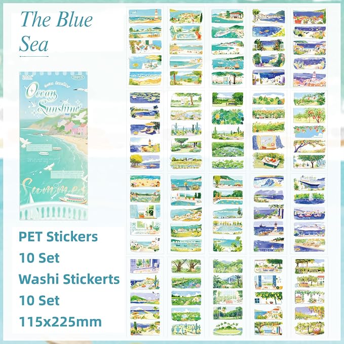 Coastal Series Sticker Scrapbooking Supplies for Junk Journal, 10 Sheets PET Stickers and 10 Sheets Washi Stickers