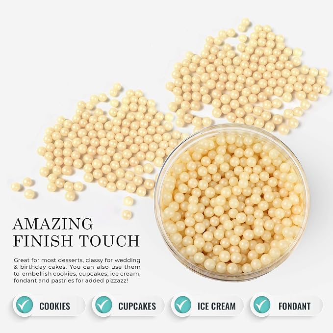 O'Creme Ivory Edible Sugar Pearls Cake Decorating Supplies for Bakers: Cookie, Cupcake & Icing Toppings, Beads Sprinkles For Baking, Certified, Candy Sugar Ball Accents (10mm, 16 Oz)
