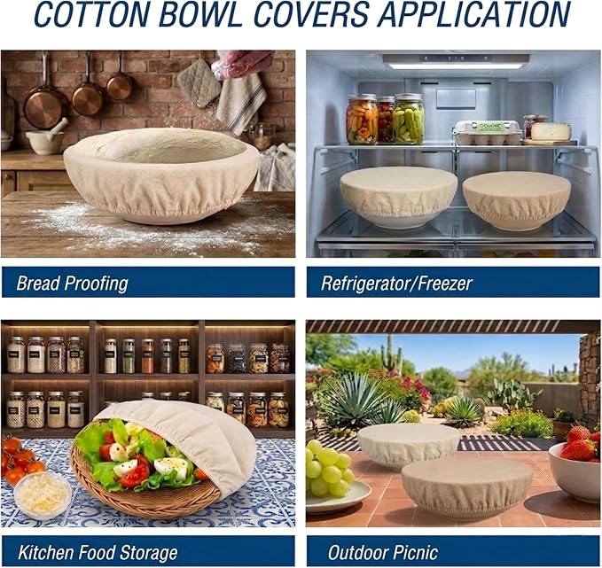 Set of 5 Linen Food Bowl Storage Covers ~ Stretchable Dish Can Lids, Fruit Vegetable Meat Preservation Fresh Keeping Bread Proofing Cover | 100% Natural Cotton and Washable