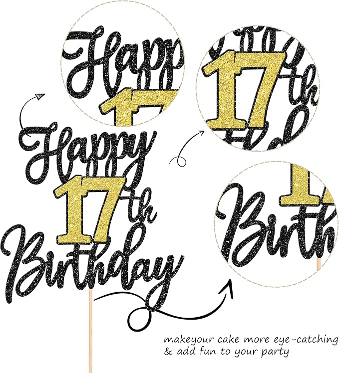 1 PCS Happy 17th Birthday Cake Topper Black Gold Glitter Cheers to 17 Years Birthday Cake Pick 17 Fabulous Cake Decoration for Happy 17th Birthday Anniversary Party Decorations Supplies