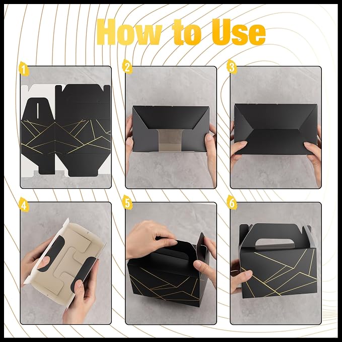 10 PCS Black Gable Favor Treat Boxes, 6.5 x 4 x 4 Inches Elegant Gift Box with Handle for Guests, Goodie Gift Boxes for Candy, Cookie, Busniess, Father's Day, Graduation, Birthday, Wedding, Line